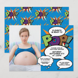 モダンでおもしろいブルーの男の子 Ready to Pop ベビーシャワー 写真 招待状