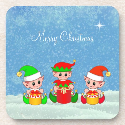 モダンでおもしろ可愛いクリスマスエルフの仲間たち コースター (正面)