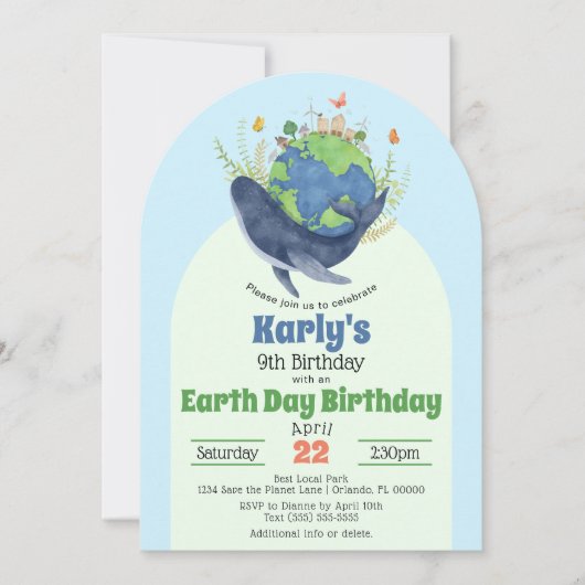 モダンでかわいいアースデイ ブルー鯨 バースデーパーティー 招待状 (正面)