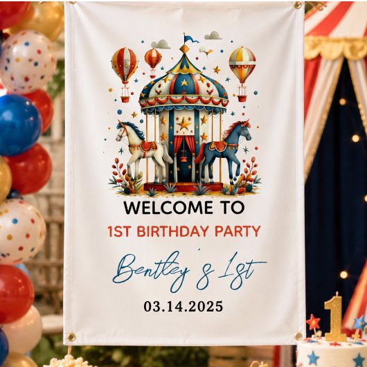 モダンでかわいいサーカスパーティーのお誕生日おめでとう 横断幕