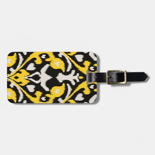 モダンではっきりしたで黒く黄色いイカットの種族パターン ラゲッジタグ (正面横)
