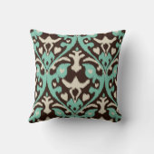 モダンではっきりしたなターコイズの茶色のイカットの種族パターン クッション (裏面)