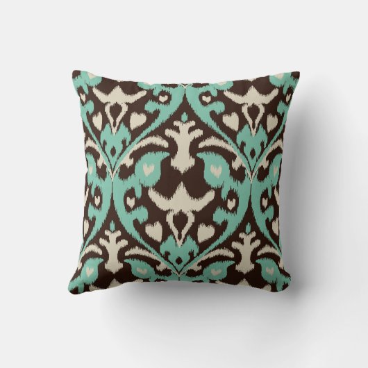 モダンではっきりしたなターコイズの茶色のイカットの種族パターン クッション (裏面)