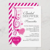 モダンでぶら下がったなピンクのハートのブライダルシャワー 招待状 (正面/裏面)