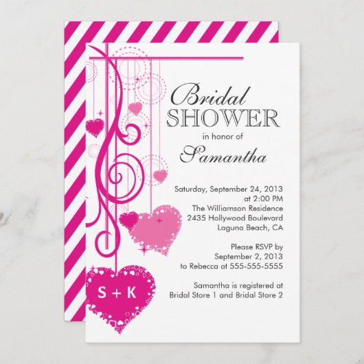 モダンでぶら下がったなピンクのハートのブライダルシャワー 招待状 (正面/裏面)