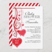 モダンでぶら下がったな赤いハートのベビーシャワー 招待状 (正面/裏面)