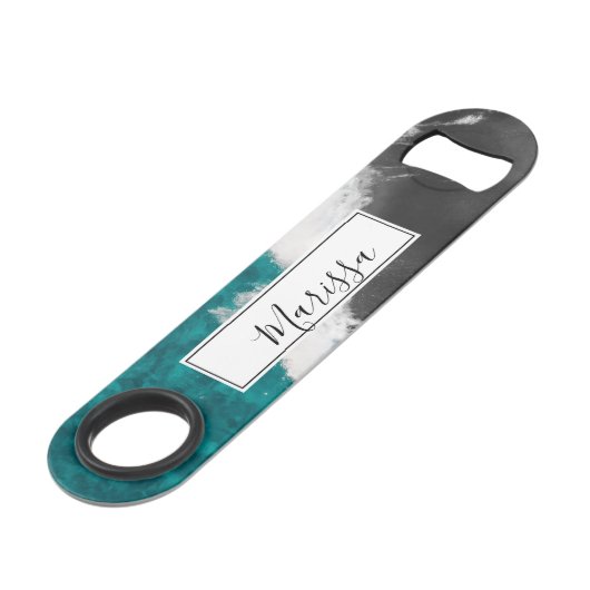 モダンでアートなティール（緑がかった色）の暗藍色の海のビーチの波 スピード栓抜き (正面アングル)