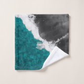 モダンでアートなティール(緑がかった色)の暗藍色の海のビーチの波 バスタオルセット (ウォッシュタオル)