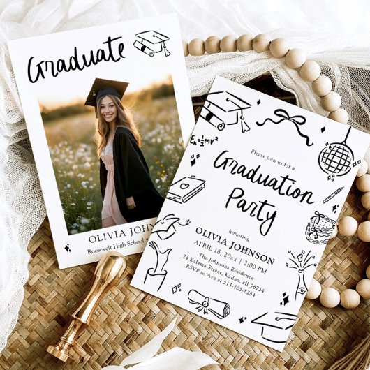 モダンでウィムシカルな手描きリボンの卒業パーティー 招待状