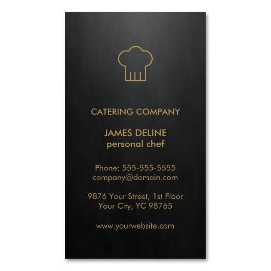 モダンでエレガントで黒い金ゴールドの食料調達のシェフ マグネット名刺 (正面縦)