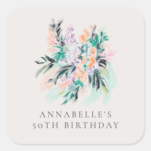 モダンでエレガントなお花のブーケ誕生日 スクエアシール (正面)