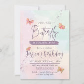 モダンでエレガントなかわいい蝶をテーマにした1歳の誕生日 招待状 (正面)