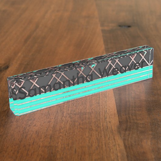 モダンでエレガントなばら色の金ゴールドの三角形およびティール（緑がかった色）のバラ デスクネームプレート (側面)