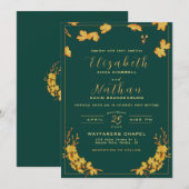 モダンでエレガントなエメラルドグリーンとゴールドのフラワーウェディング 招待状 (正面/裏面)
