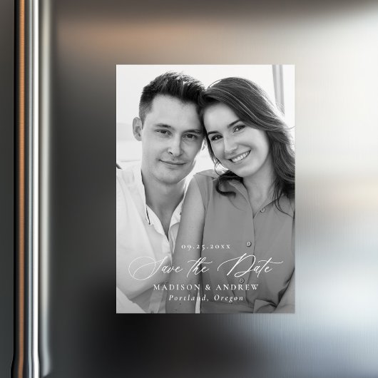 モダンでエレガントなカリグラフィー写真の結婚式事前告知 マグネット招待状