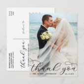 モダンでエレガントなカリグラフィー写真ウェディングお礼 ポストカード (正面/裏面)