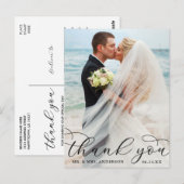 モダンでエレガントなカリグラフィー写真ウェディングお礼 ポストカード (正面/裏面)