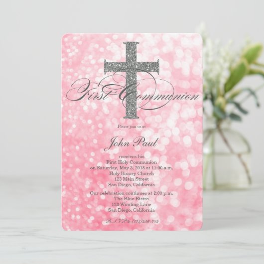 モダンでエレガントなグリッターの十字の聖餐の招待状 招待状 (スタンド正面)