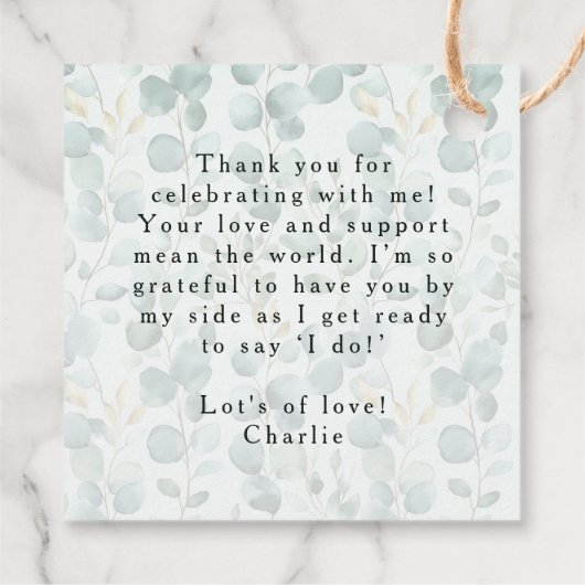 モダンでエレガントなグリーンの ブライダルシャワー フェイバータグ (裏面)