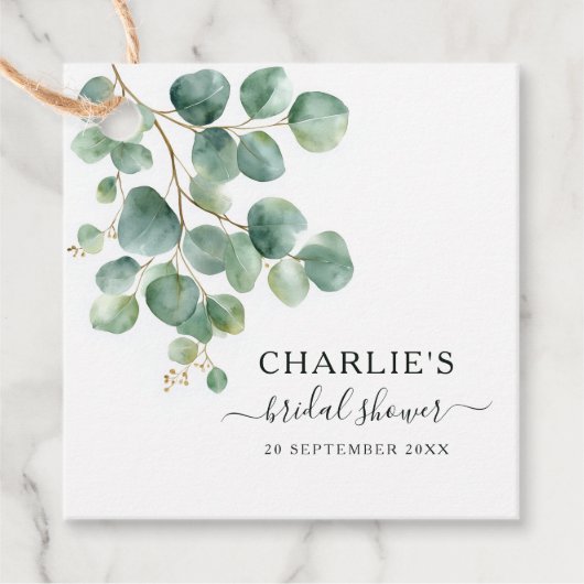 モダンでエレガントなグリーンの ブライダルシャワー フェイバータグ (正面)