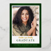 モダンでエレガントなグリーンゴールドの卒業発表カード 箔招待状 (正面)