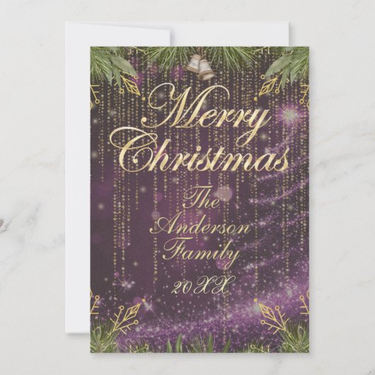 モダンでエレガントなゴールドとパープルのクリスマスカード シーズンカード (正面)