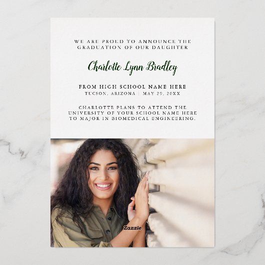 モダンでエレガントなゴールドの卒業発表カード 箔招待状 (裏面)