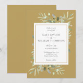モダンでエレガントなゴールドの水彩グリーンウェディング 招待状 (正面/裏面)