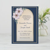 モダンでエレガントなゴールドフレームのバラ ネイビーブルー 招待状 (スタンド正面)