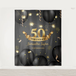 モダンでエレガントなゴールドブラックの誕生日バックドロップ タペストリー