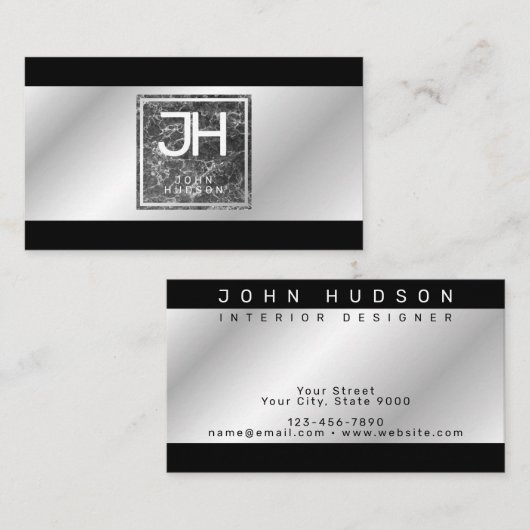 モダンでエレガントなシルバーとブラックのテンプレート ビジネス 名刺 (正面/裏面)