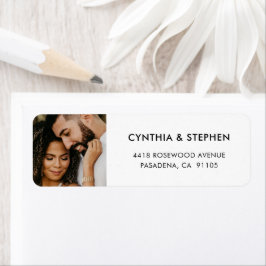 モダンでエレガントなシンプルな写真の結婚式の差出人住所 ラベル