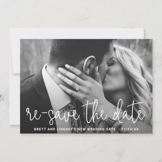 モダンでエレガントなシンプルな写真付き結婚式延期のお知らせ 案内状 (正面)