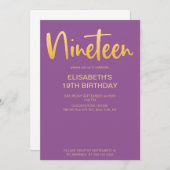 モダンでエレガントなシンプルパープルの19歳誕生日パーティー 招待状 (正面/裏面)