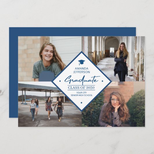 モダンでエレガントなスクリプトの卒業式 4 枚の写真のコラージュ 案内状 (正面/裏面)