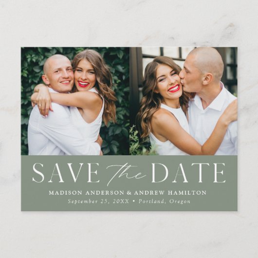 モダンでエレガントなセージグリーン2枚の写真を使ったSave the Date 案内ポストカード (正面)