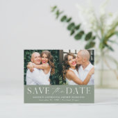 モダンでエレガントなセージグリーン2枚の写真を使ったSave the Date 案内ポストカード (スタンド正面)