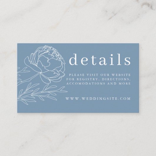 モダンでエレガントなダスティーブルーの花の結婚式の詳細 エンクロージャーカード (正面)