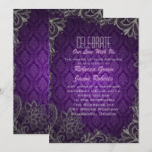 モダンでエレガントなダマスク柄のパープルウェディング 招待状 (正面/裏面)
