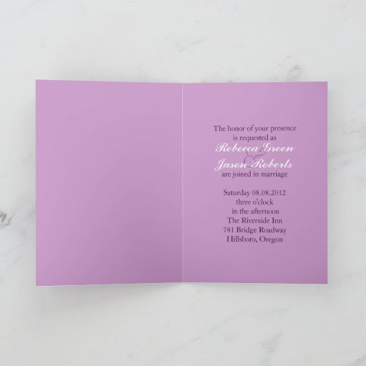 モダンでエレガントなダマスク模様の紫色の結婚式 招待状 (内部)