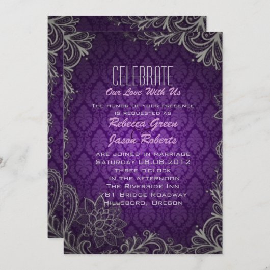 モダンでエレガントなダマスク織りの紫色の結婚式 招待状 (正面/裏面)