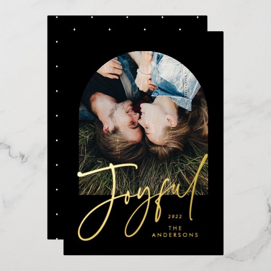 モダンでエレガントなトレンディなタイポグラフィー黒 1 枚の写真 箔シーズンカード (正面/裏面)