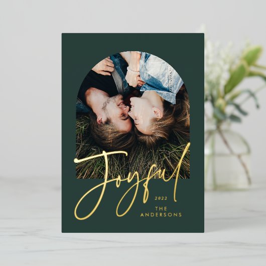 モダンでエレガントなトレンディなタイポグラフィー 緑 1枚の写真 箔シーズンカード (立ち正面)