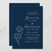 モダンでエレガントなネイビーブルーとシルバーの花の結婚式 招待状 (正面/裏面)