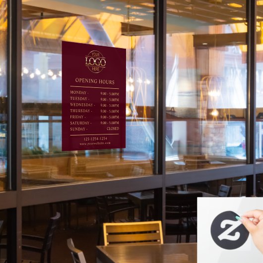 モダンでエレガントなバーガンディレッドの営業時間 ウィンドウサイン (レストラン窓)