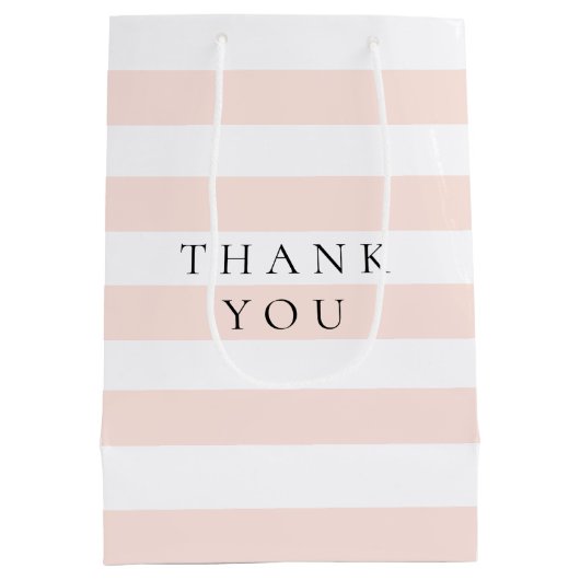 モダンでエレガントなピンクとホワイトのストライプ ミディアムペーパーバッグ (裏面)
