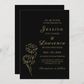 モダンでエレガントなブラックとゴールドの花の結婚式 招待状 (正面/裏面)