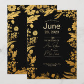 モダンでエレガントなブラックとゴールドの花柄のSave the date セーブザデート (正面/裏面)