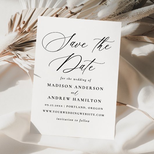 モダンでエレガントなブラックカリグラフィー結婚式 セーブザデート