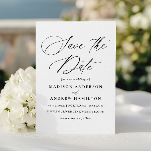 モダンでエレガントなブラックカリグラフィー結婚式 セーブザデート